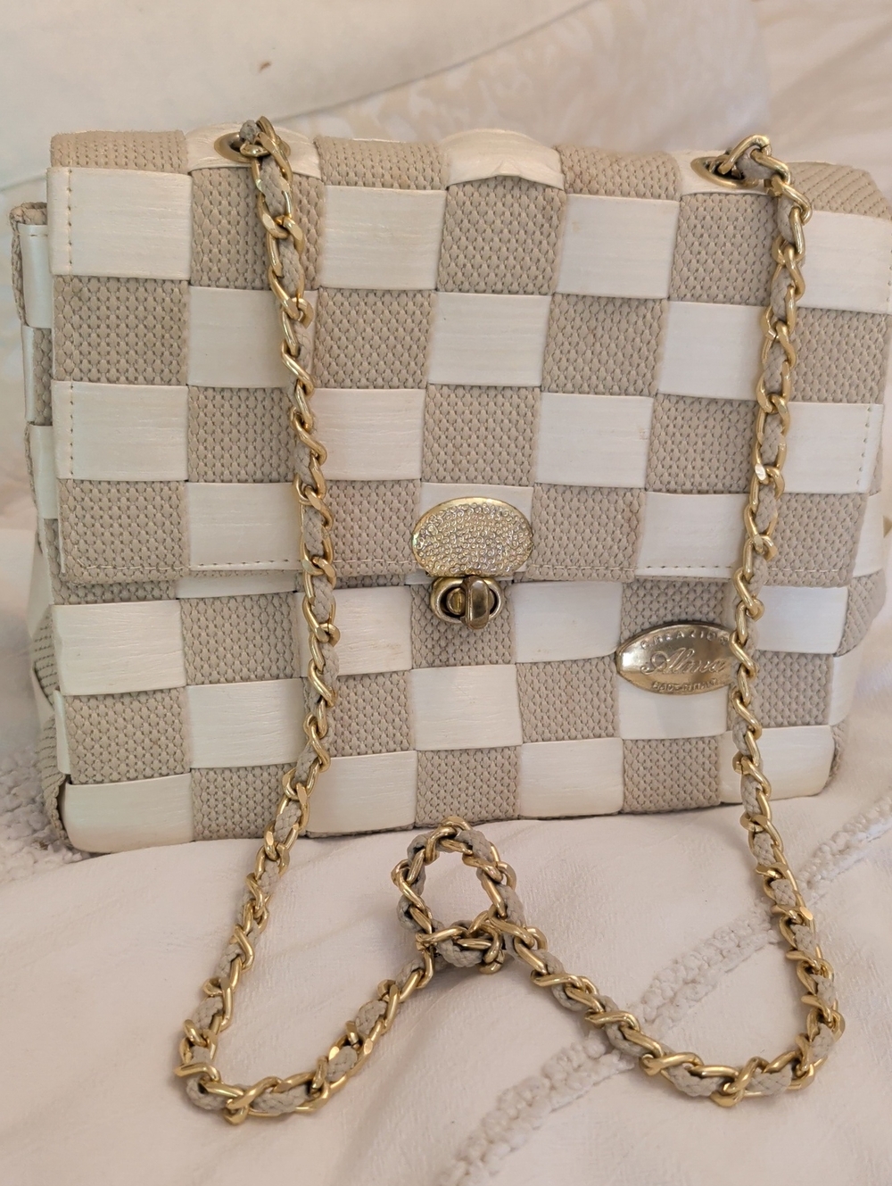 Cream Woven Crossbody Bag with Gold Chain Strap